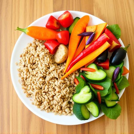 A balanced plate of food with colorful vegetables, lean protein, and whole grains