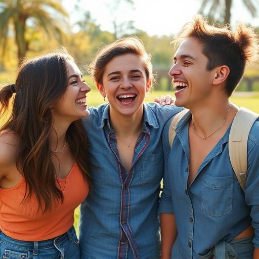 A group of friends laughing and enjoying each other's company outdoors