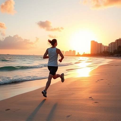 A person jogging along a Miami beach at sunrise