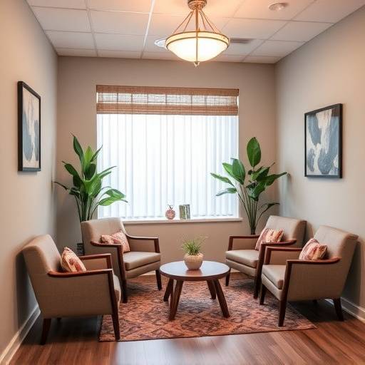 A welcoming office space with comfortable seating, representing a safe environment for therapy sessions