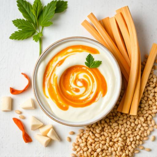 Close-up of a diverse range of healthy gut-friendly foods, including yogurt, kimchi, and whole grains