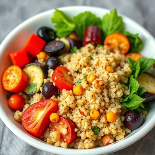 Colorful quinoa power bowl with roasted vegetables like bell peppers, zucchini and broccoli