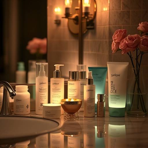 Nighttime skincare products laid out on a counter
