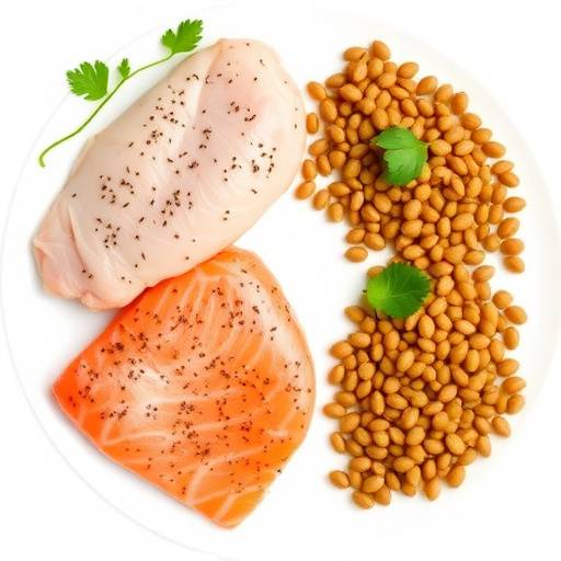 Selection of protein-rich foods, including chicken breast, salmon, lentils, and eggs